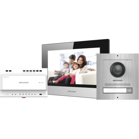 Kit videointercom IP Hikvision DS-KIS702/S, contine: DS-KD8003- IME2/Surface ×1, DS-KH6320-WTE2 ×1, DS-KAD704 ×1, DS-KAW30-2N ×1